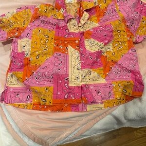 Aerie Pink and Orange Patchwork Pajama Top